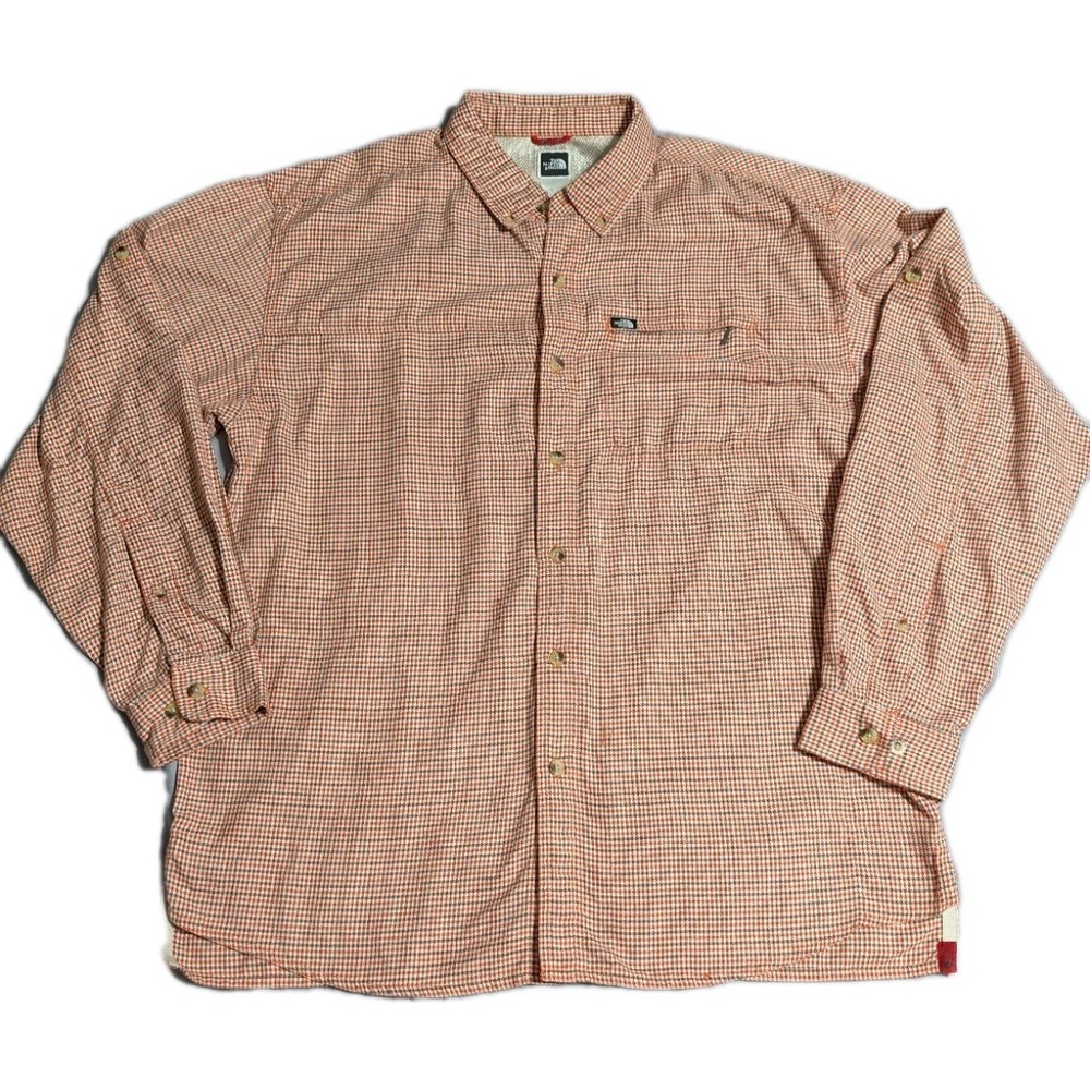 The North Face Button Down Fishing Shirt Mens L Orange Check Roll Tab Sleeve